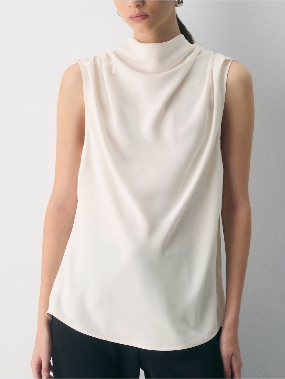 Aritzia Babaton Cream Draped Sleeveless Mock-Neck Blouse